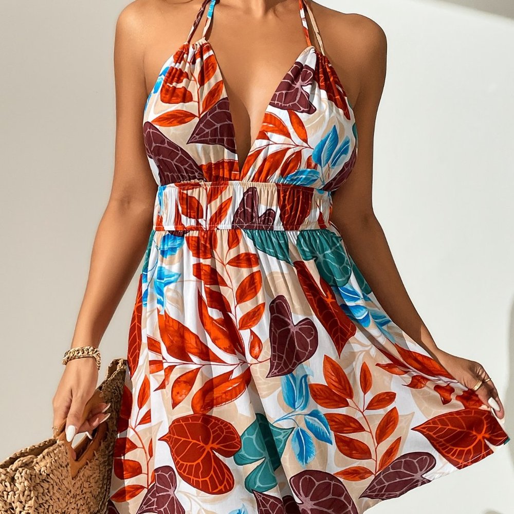 New Tropical Print Backless Halter Dress